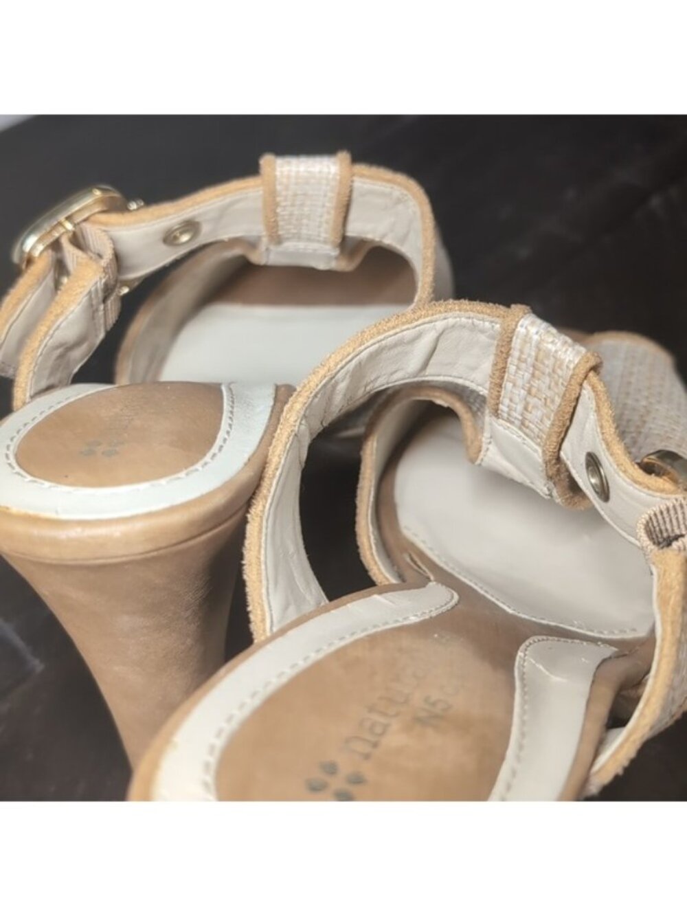 Naturalizer Kole Sandals Tan Woven Buckle Peep Toe Heels N5 Comfort Womens 7 - Picture 8 of 15